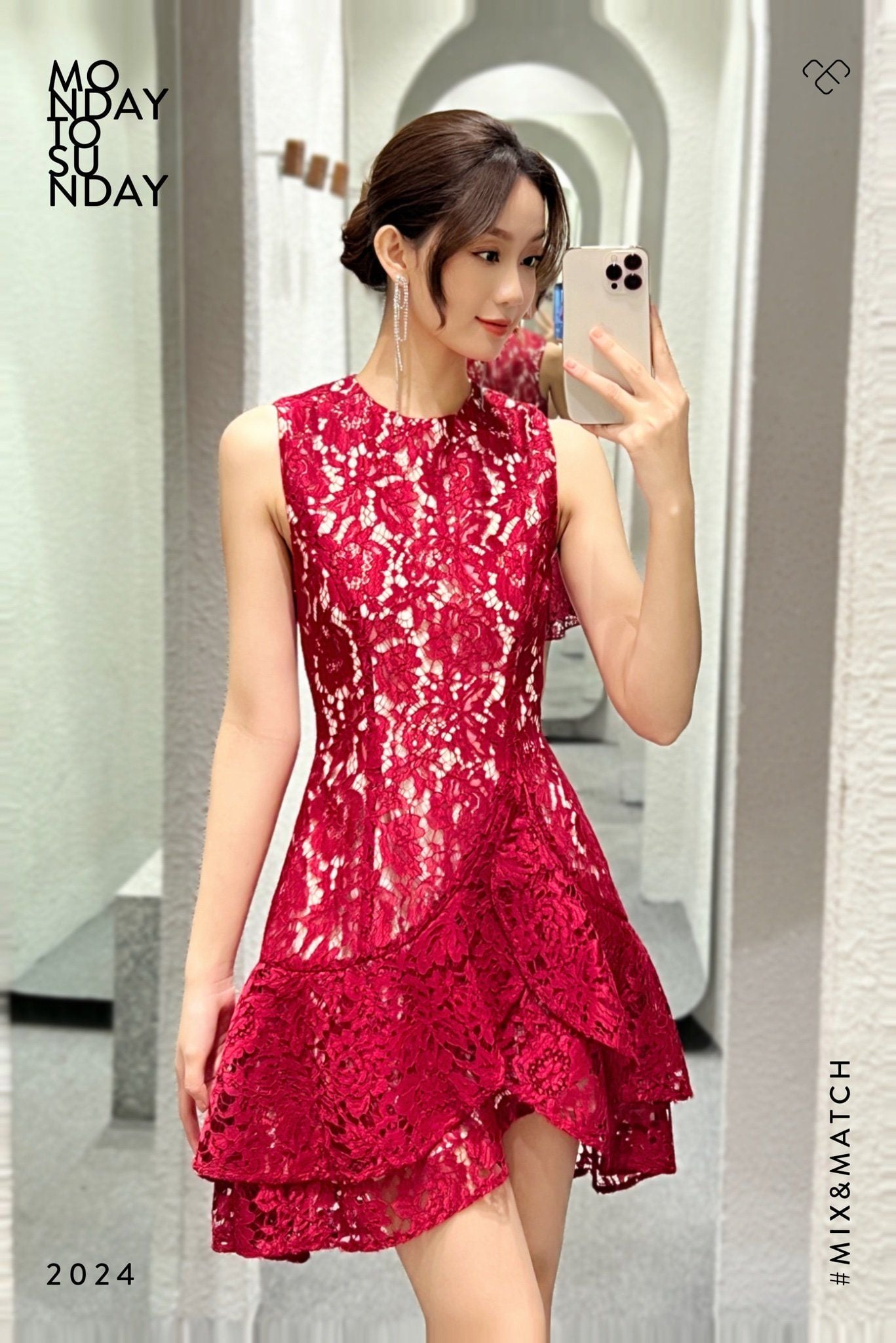  Đầm sát nách phối bèo cách điệu ren Đỏ đô 