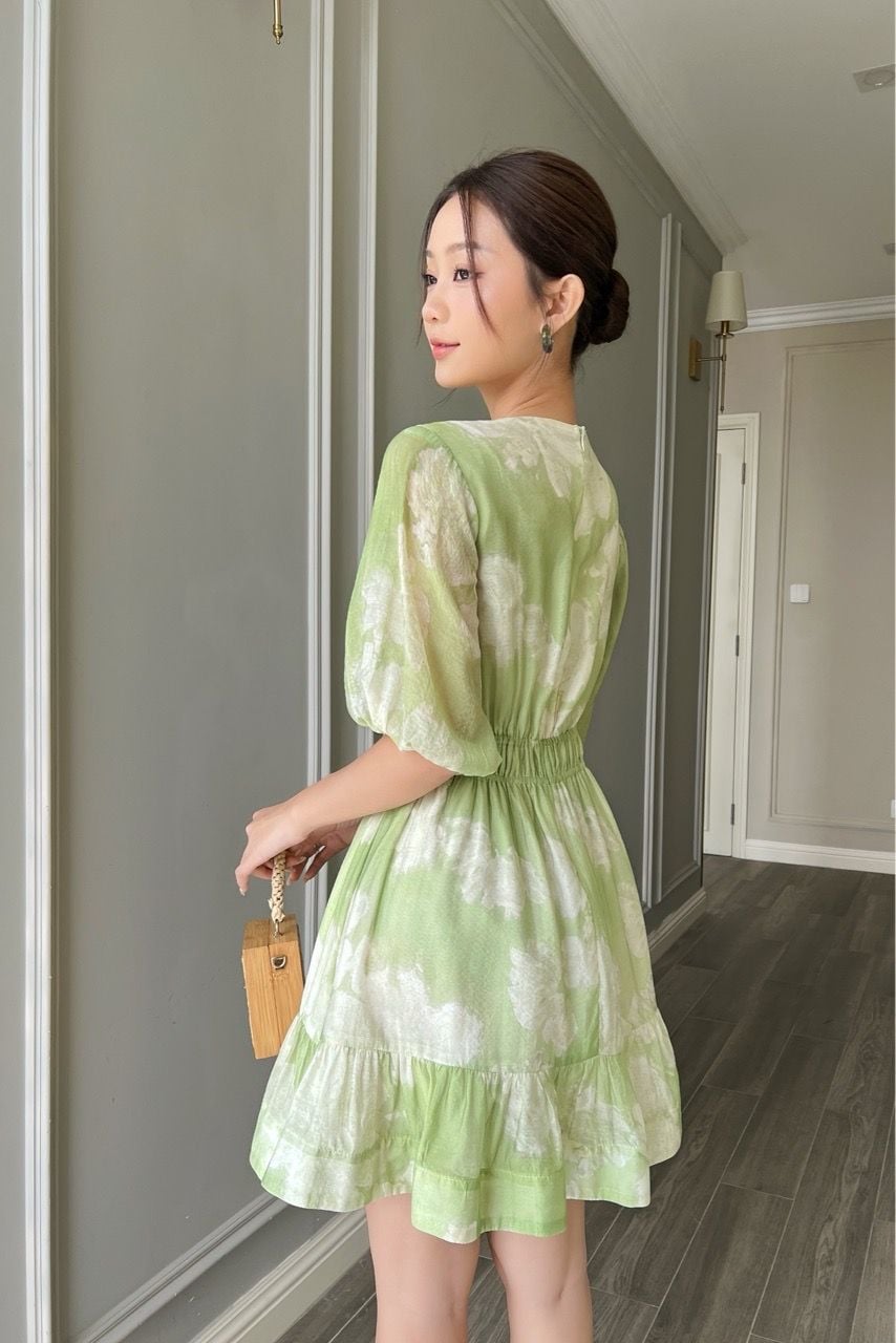 (MỚI) Đầm tay phồng nhún thun cách điệu hoa xanh lá non 