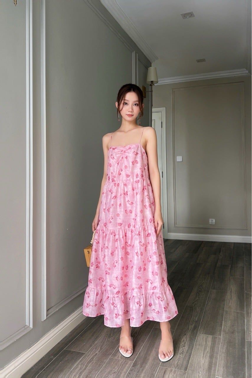  (MỚI) Đầm 2 dây maxi phối nhíu Hoa hồng 
