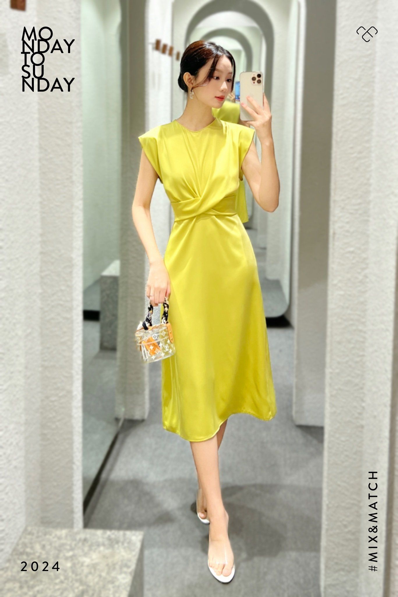  Đầm tay liền xoắn eo Vàng chanh 