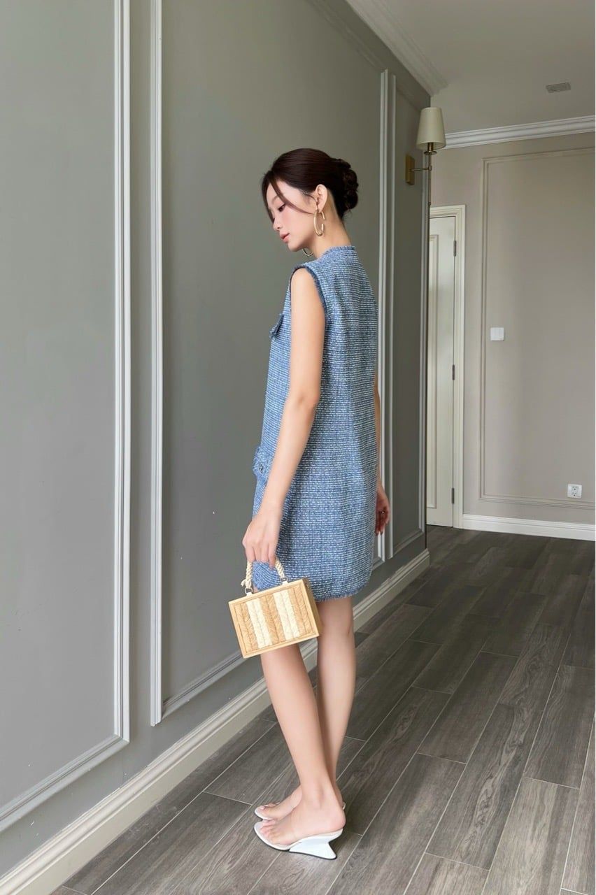  (MỚI) Đầm tay liền tweed Xanh đậm 