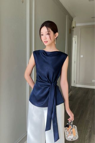  (MỚI) Áo cổ đổ thắt dây lụa vân mây Navy 