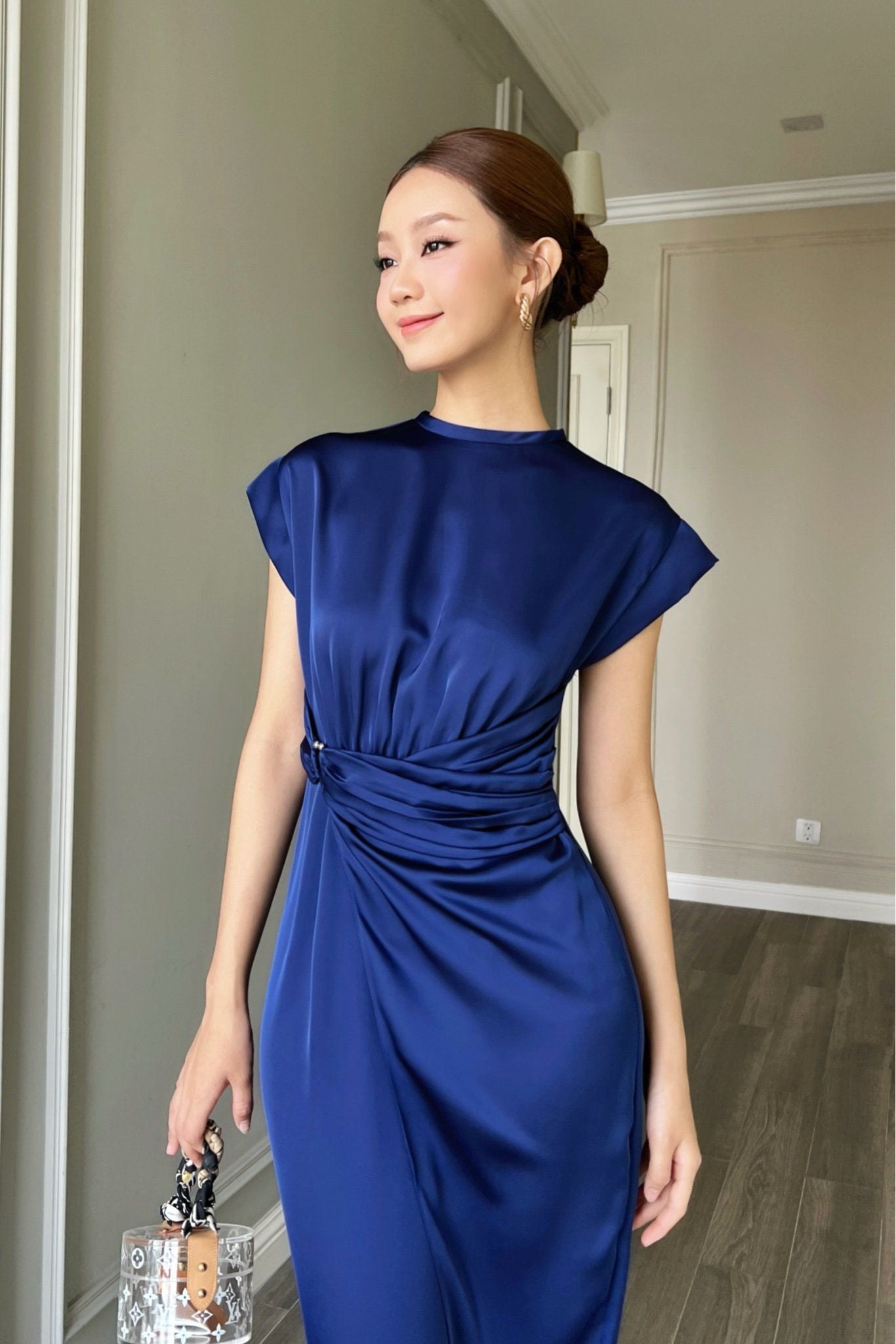  Đầm tay liền wrap phối khoen Navy 