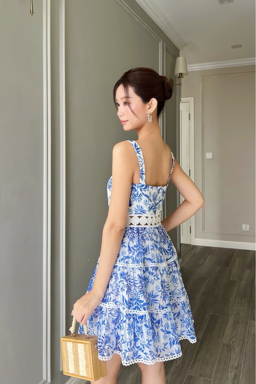  Đầm 2 dây phối đăng thổ cẩm xanh coban 