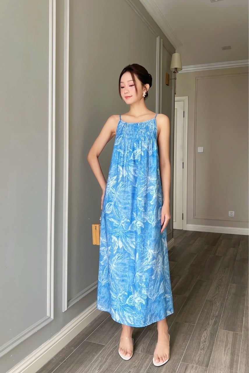  (MỚI) Đầm 2 dây maxi phối nhíu linen hoa xanh 