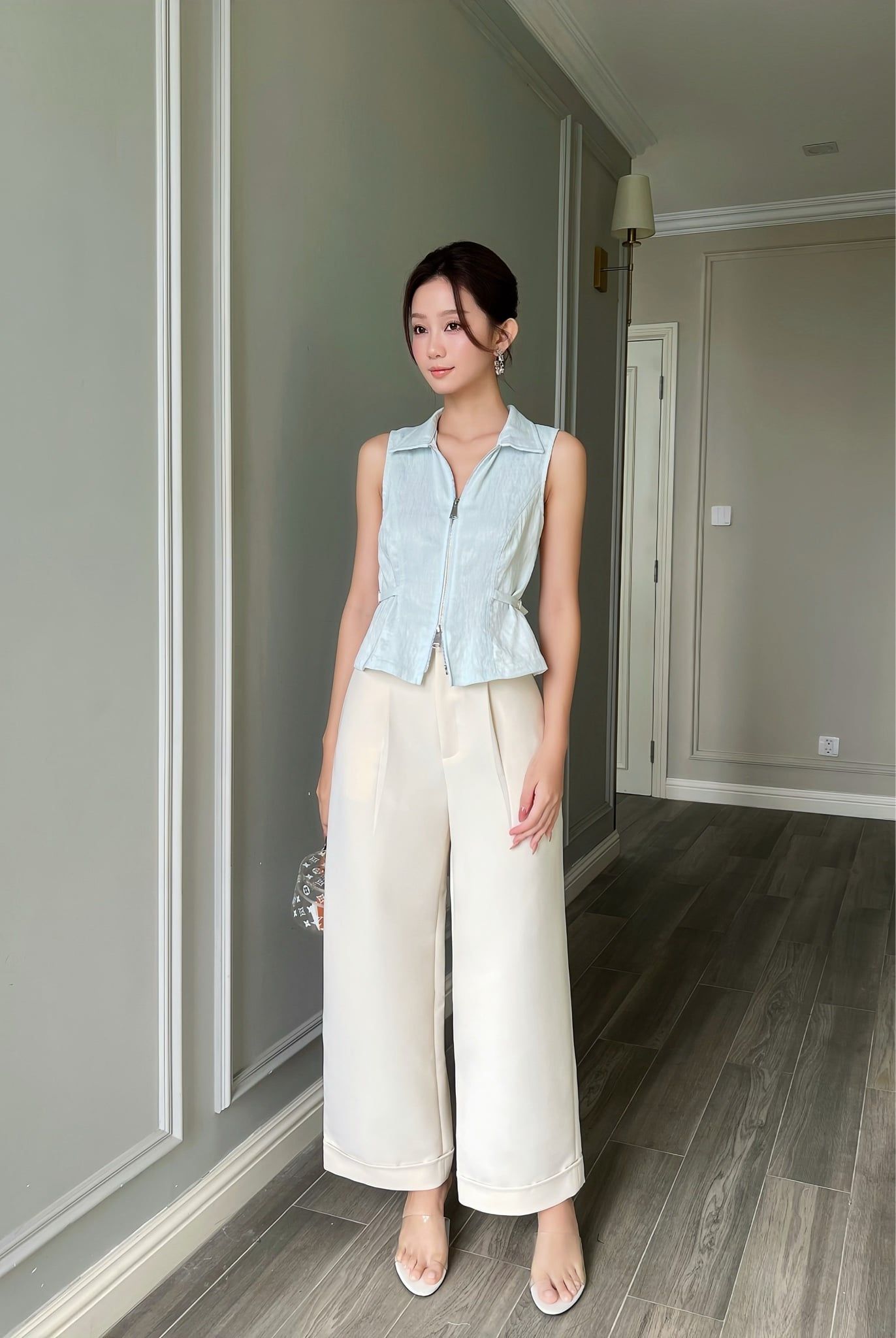  (MỚI) Áo sơmi crop phối dây kéo khoá Xanh nhạt 