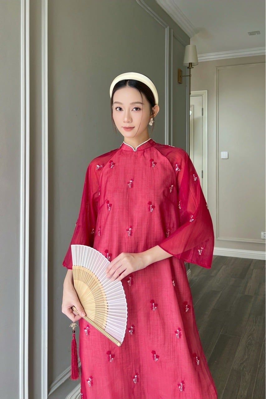  Set Áo dài đính cườm Đỏ đô (đã kèm quần) 