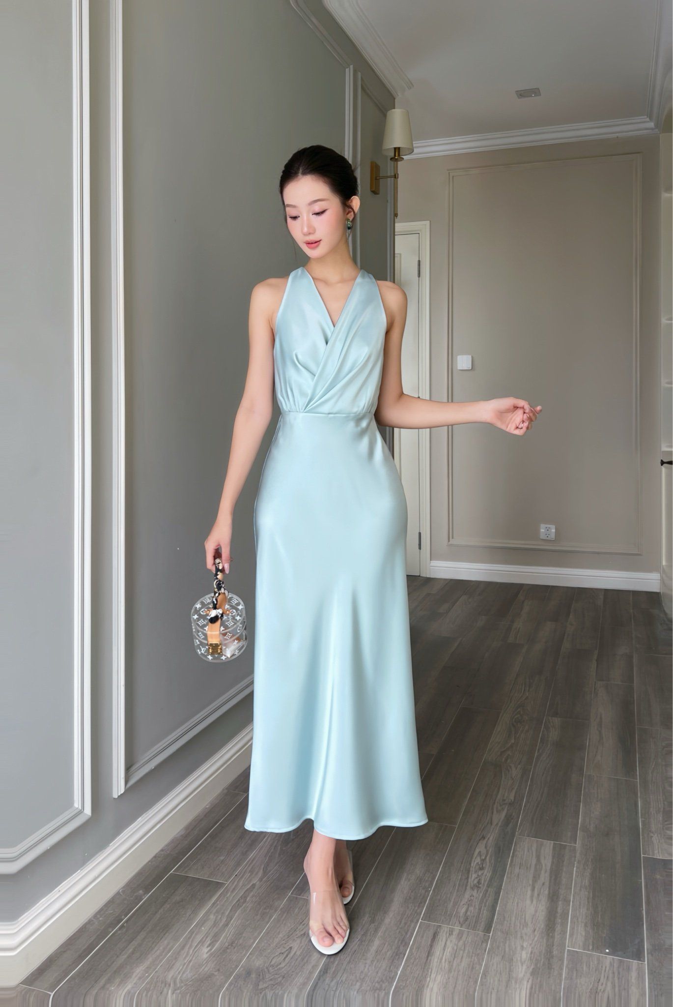  Đầm yếm wrap xoè xanh ngọc 