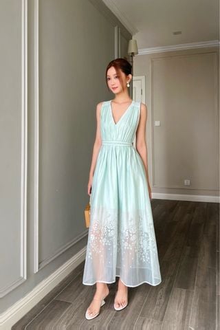  (MỚI) Đầm sát nách nhíu hoa chân Mint 