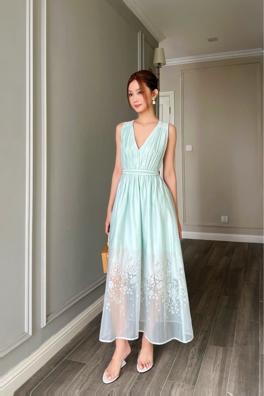  (MỚI) Đầm sát nách nhíu hoa chân Mint 