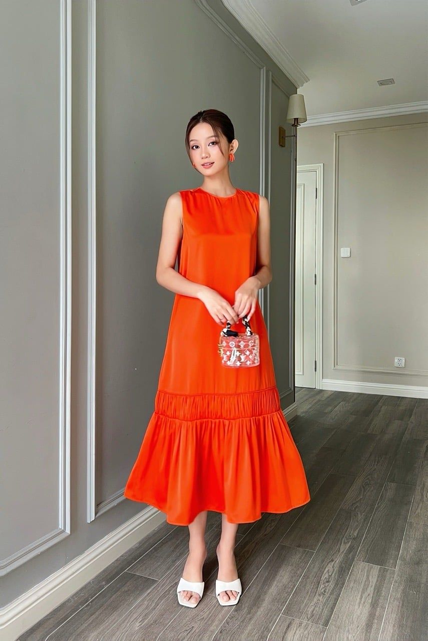  Đầm sát nách midi phối nhíu xếp Cam 