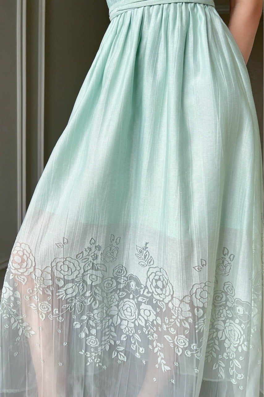  (MỚI) Đầm sát nách nhíu hoa chân Mint 