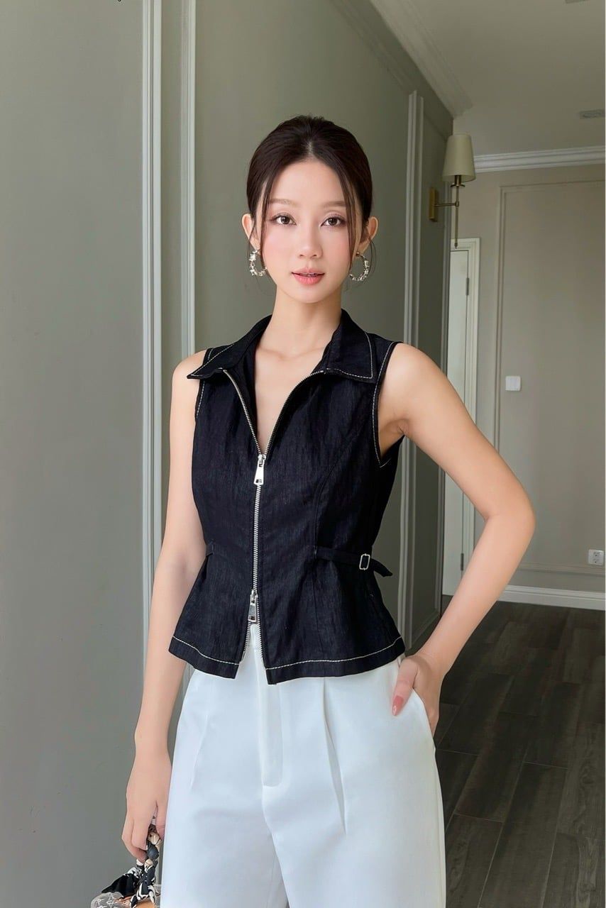 (MỚI) Áo sơmi crop phối dây kéo khoá Đen 