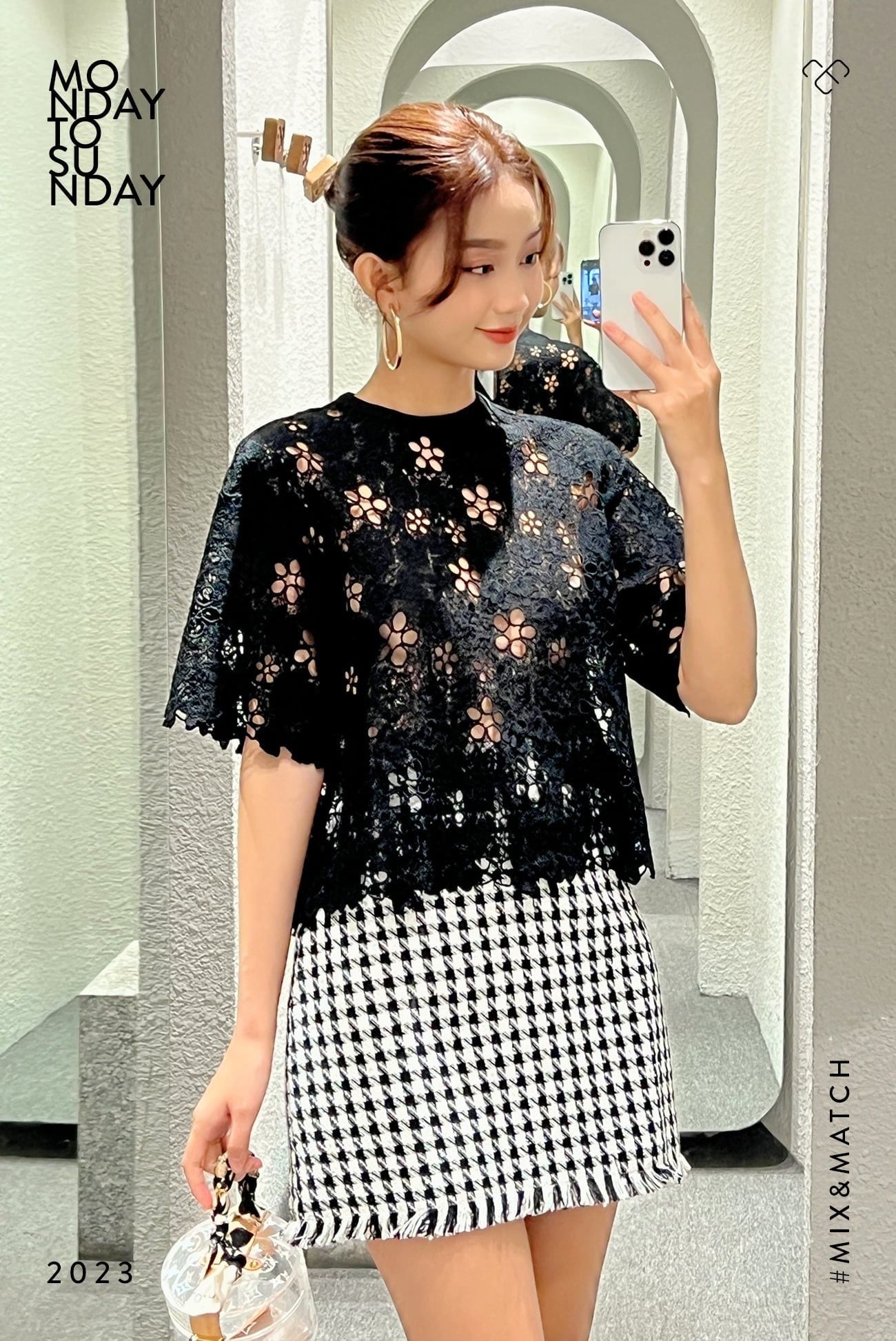  Váy A tweed karo đen trắng 