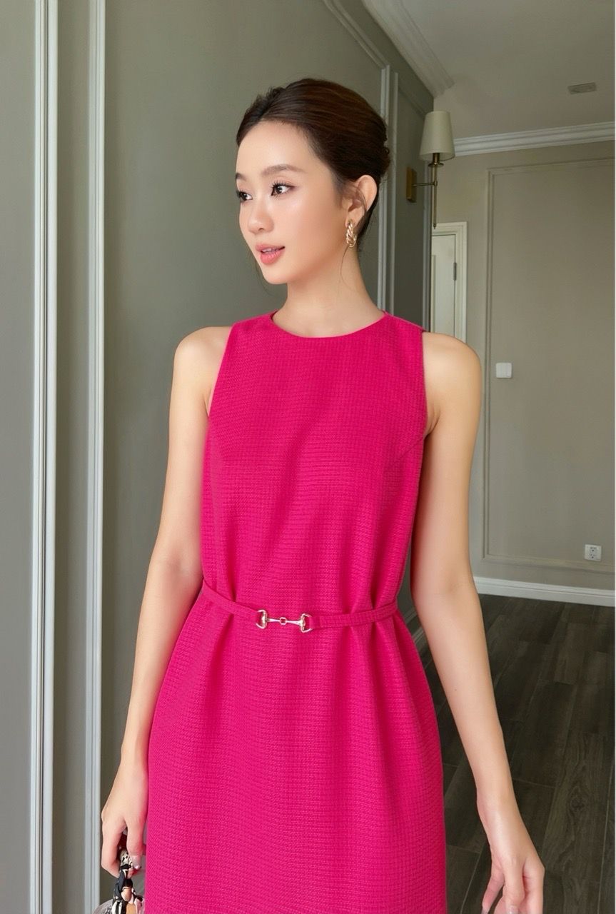  Đầm midi xẻ sau thắt dây tweed Hồng cánh sen 