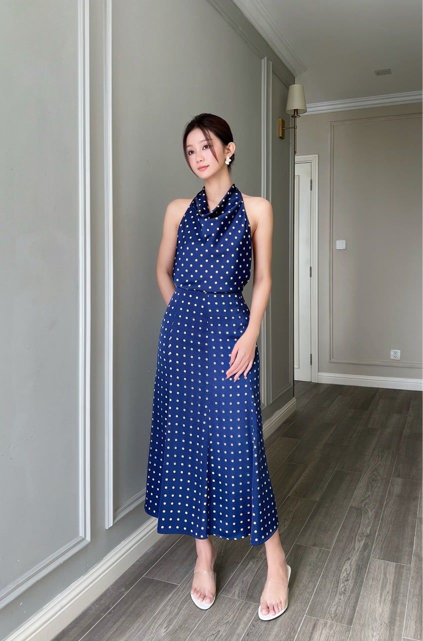  (MỚI) Váy đuôi cá 8 mảnh chấm bi xanh 