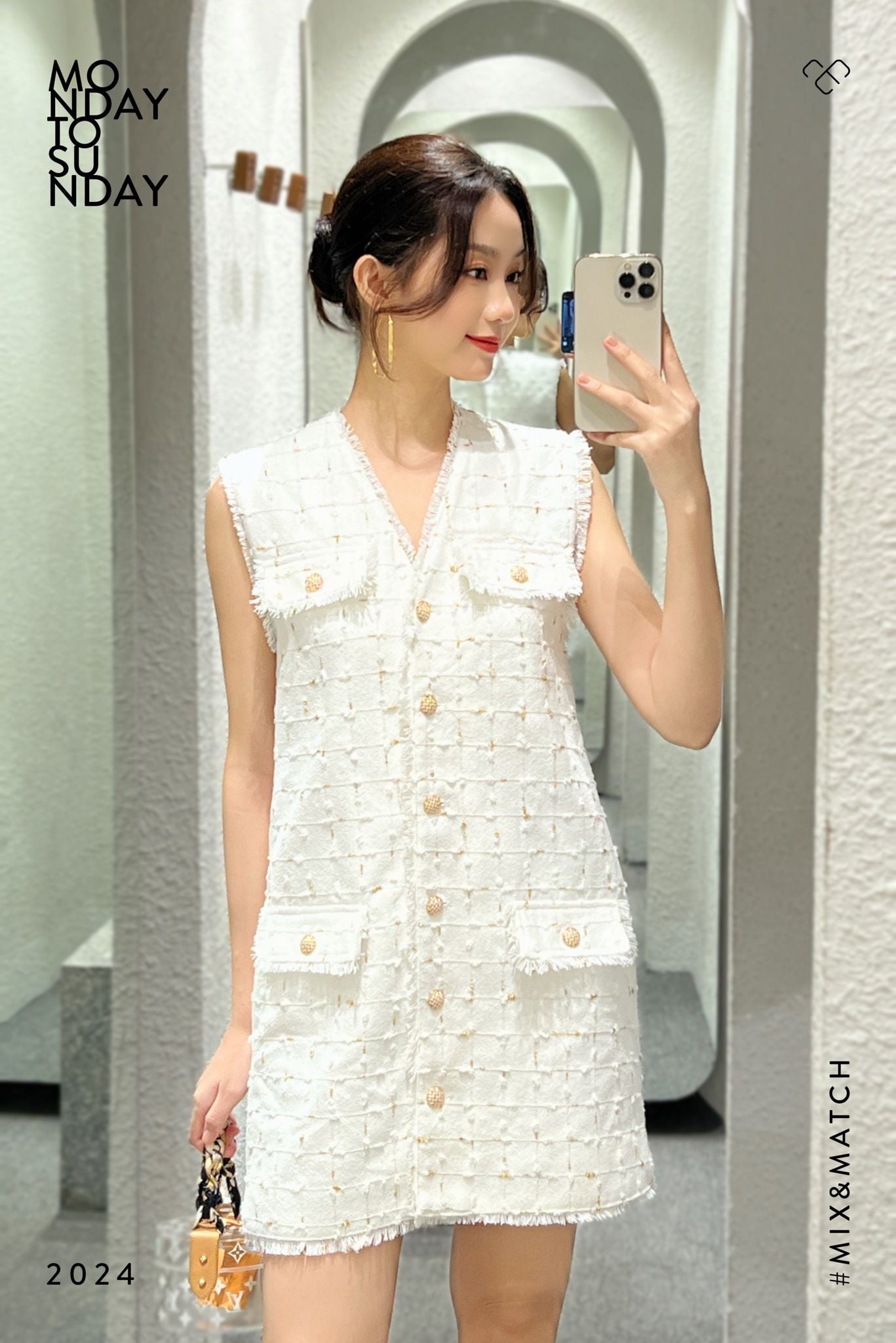  Đầm tweed karo Trắng 