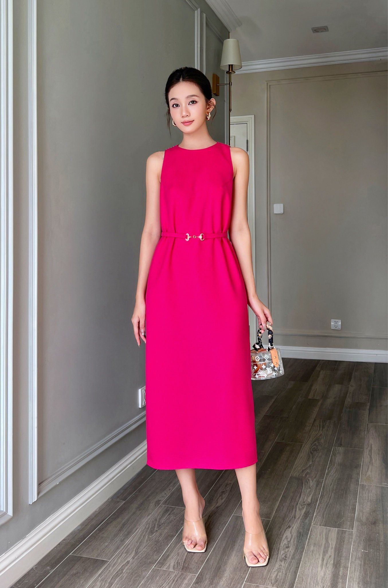  Đầm midi xẻ sau thắt dây tweed Hồng cánh sen 