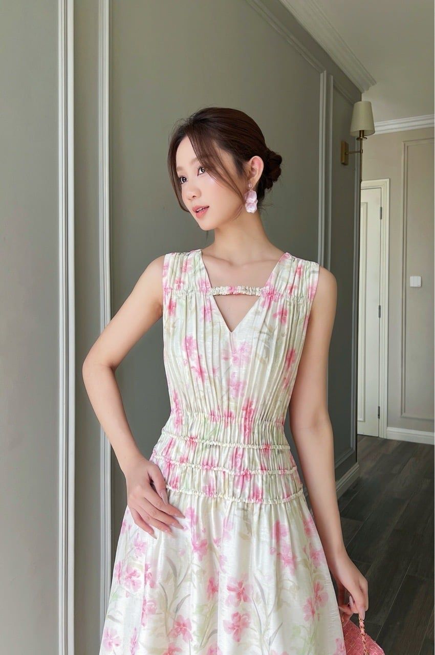  (MỚI) Đầm midi cách điệu phối nhíu Hoa hồng nhạt 