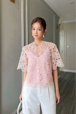  (MỚI) Áo tay phồng ren organza Hồng 