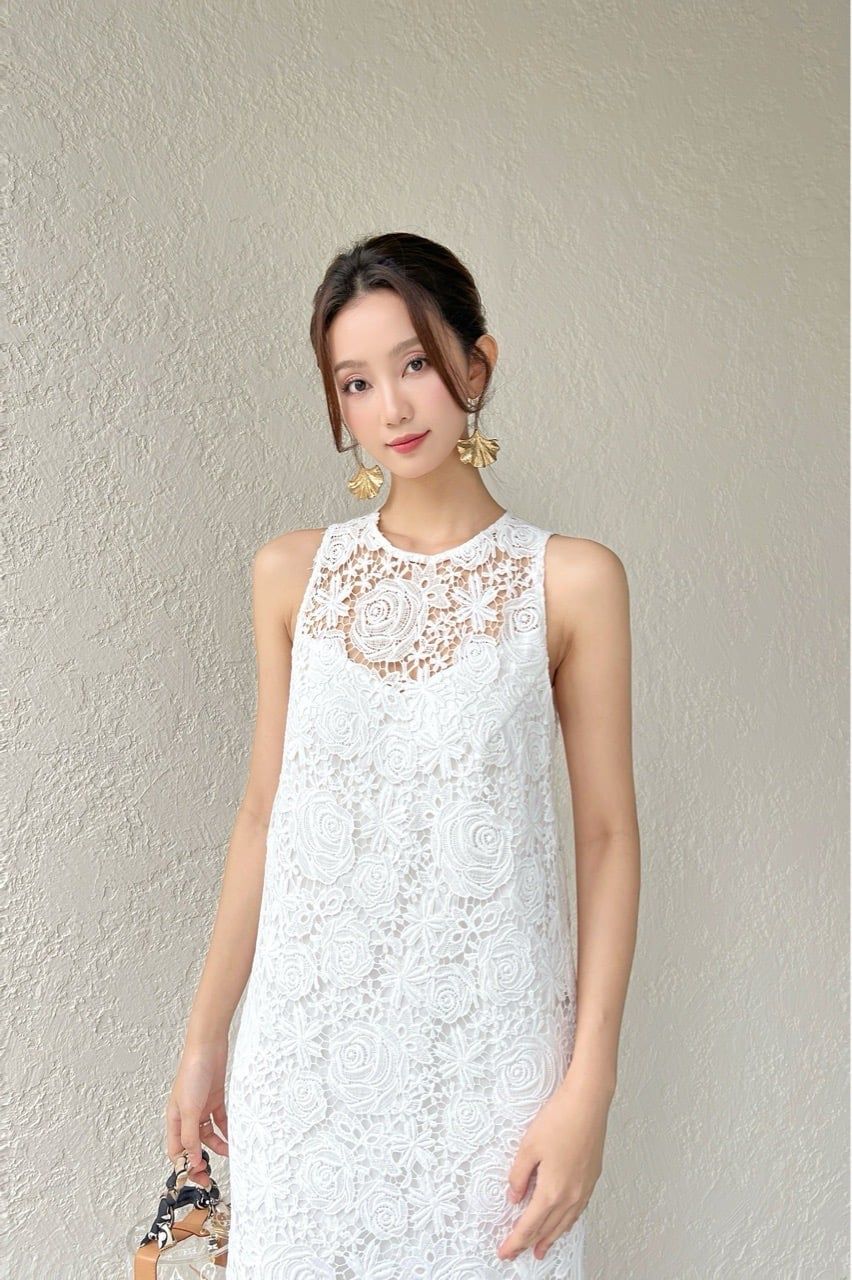  (NEW) Đầm midi xẻ sau ren Trắng 