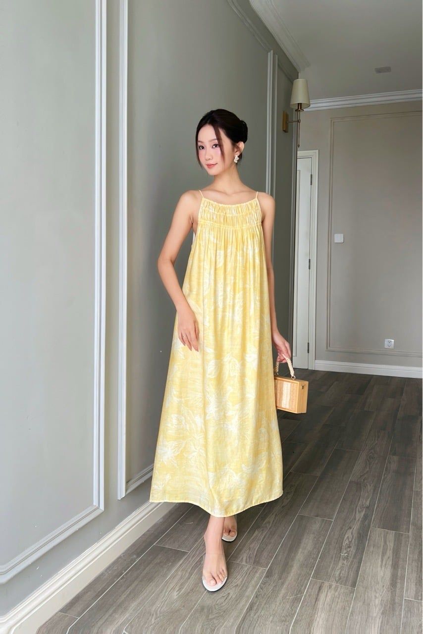  (MỚI) Đầm 2 dây maxi phối nhíu linen hoa vàng 