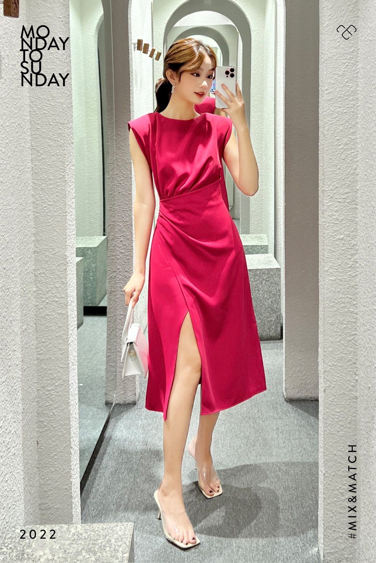  Đầm wrap phối nhíu độn vai xẻ 1 bên hồng đỏ 