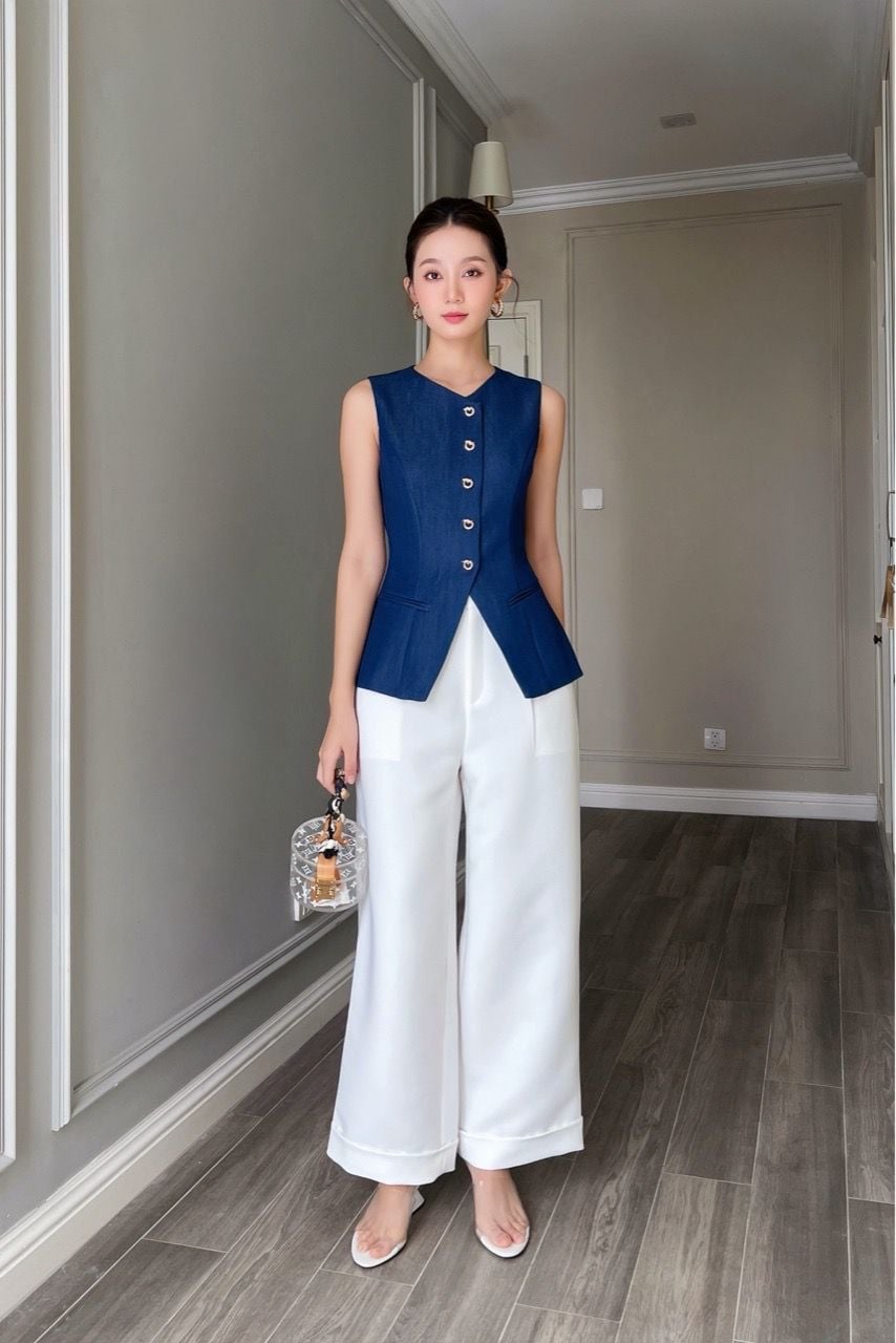  Áo vest sát nách phối nút denim xanh đậm 