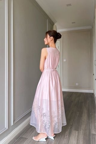  (MỚI) Đầm sát nách nhíu hoa chân Hồng 
