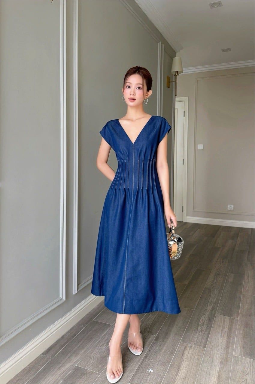  Đầm tay liền denim chỉ nổi trắng 