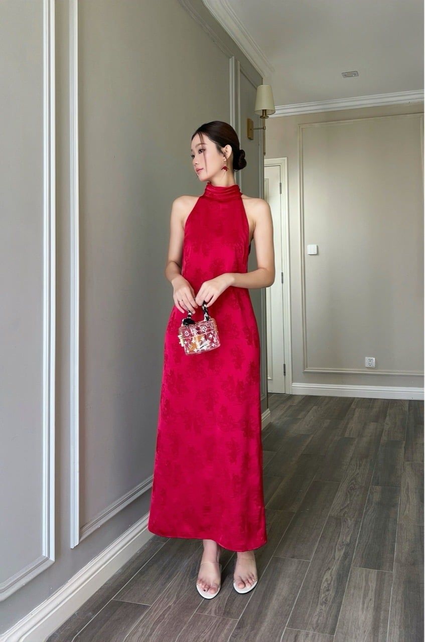  Đầm yếm cổ lọ nhíu lụa ngư vũ Đỏ 