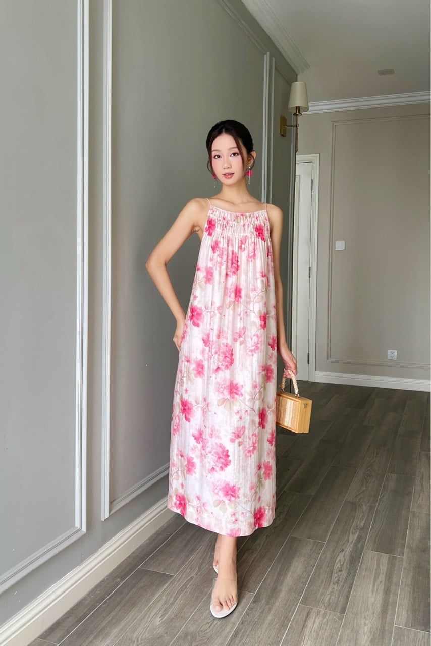  (MỚI) Đầm 2 dây maxi phối nhíu tơ boi hoa hồng cánh sen 