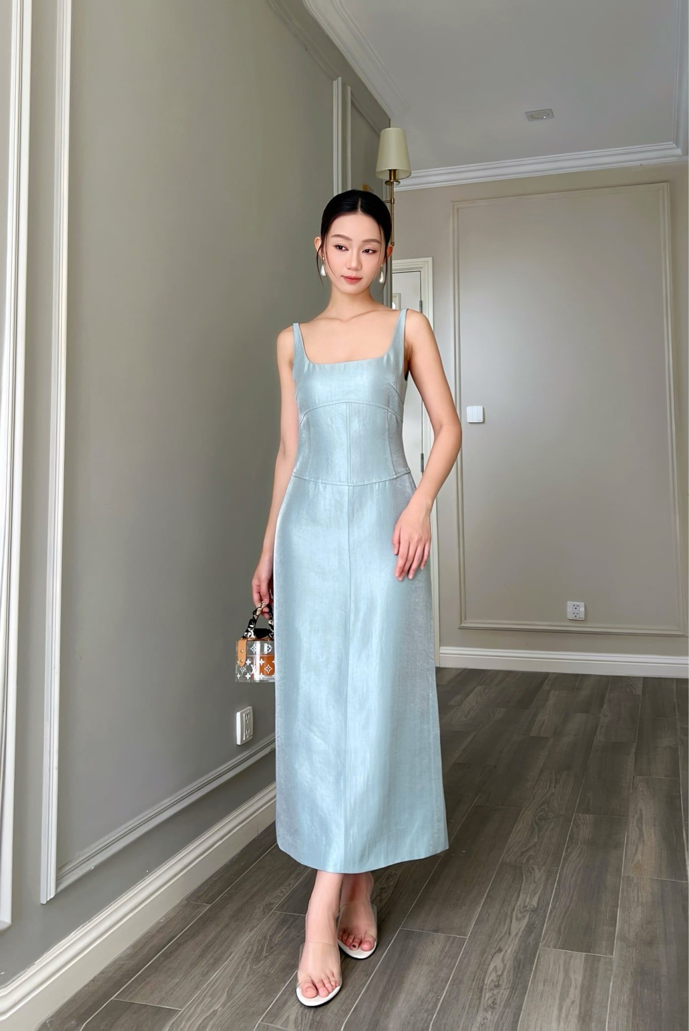  Đầm 2 dây cúp ngực bút chì suông Xanh ngọc 