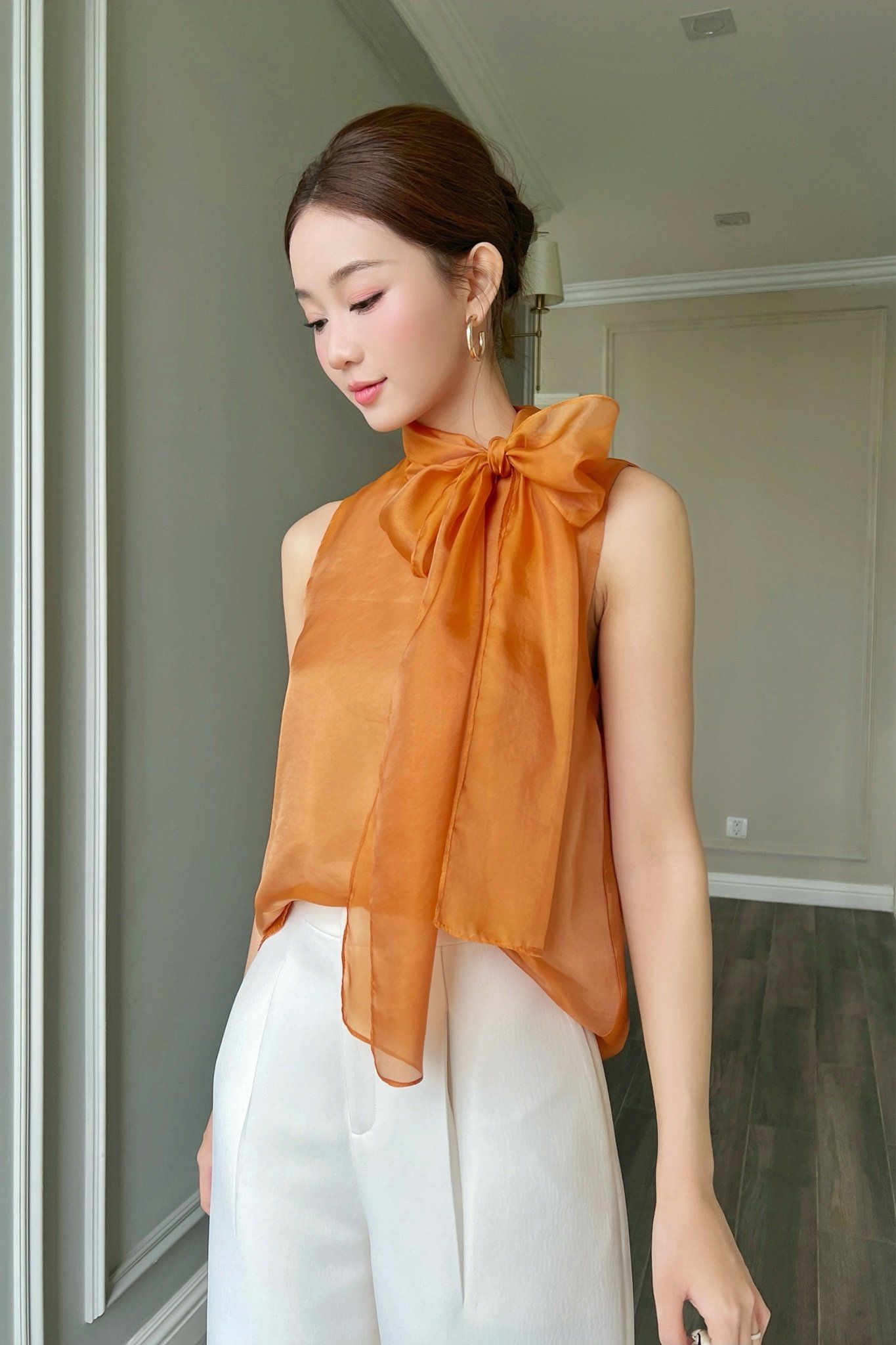  Áo sát nách cổ thắt nơ Cam 