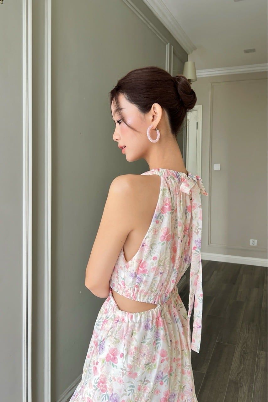  (MỚI) Đầm sát nách maxi cut-out Hoa hồng dâu 