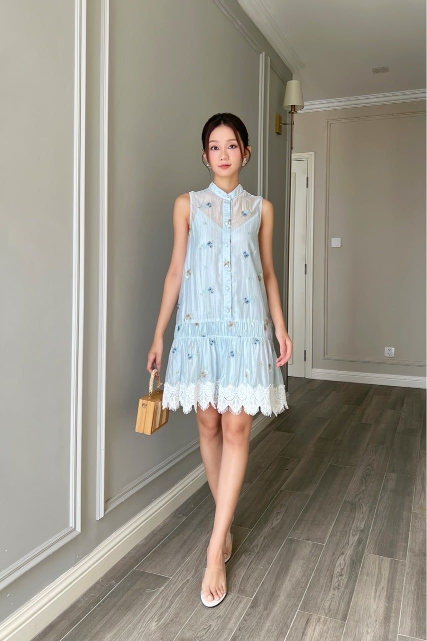  (MỚI) Đầm cổ chân tơ thêu hoa phối đăng xanh 