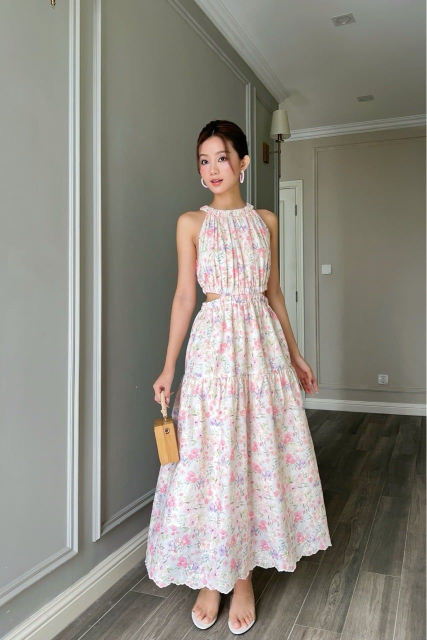  (MỚI) Đầm sát nách maxi cut-out Hoa hồng dâu 
