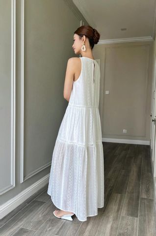 Đầm sát nách maxi phối sọc thêu hoa 