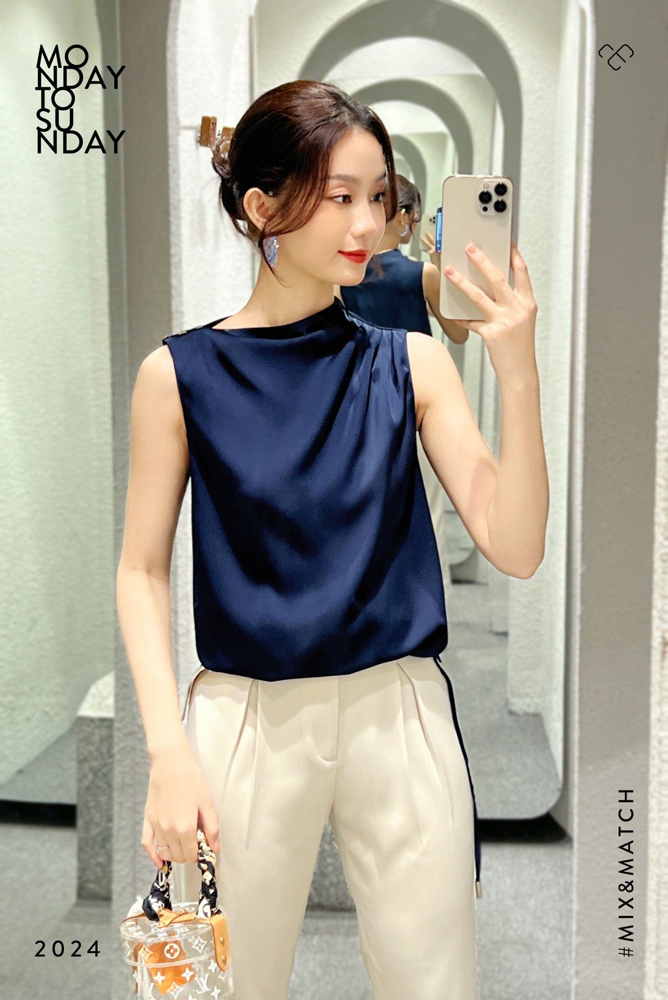  Áo sát nách cổ lệch xếp ly Navy 