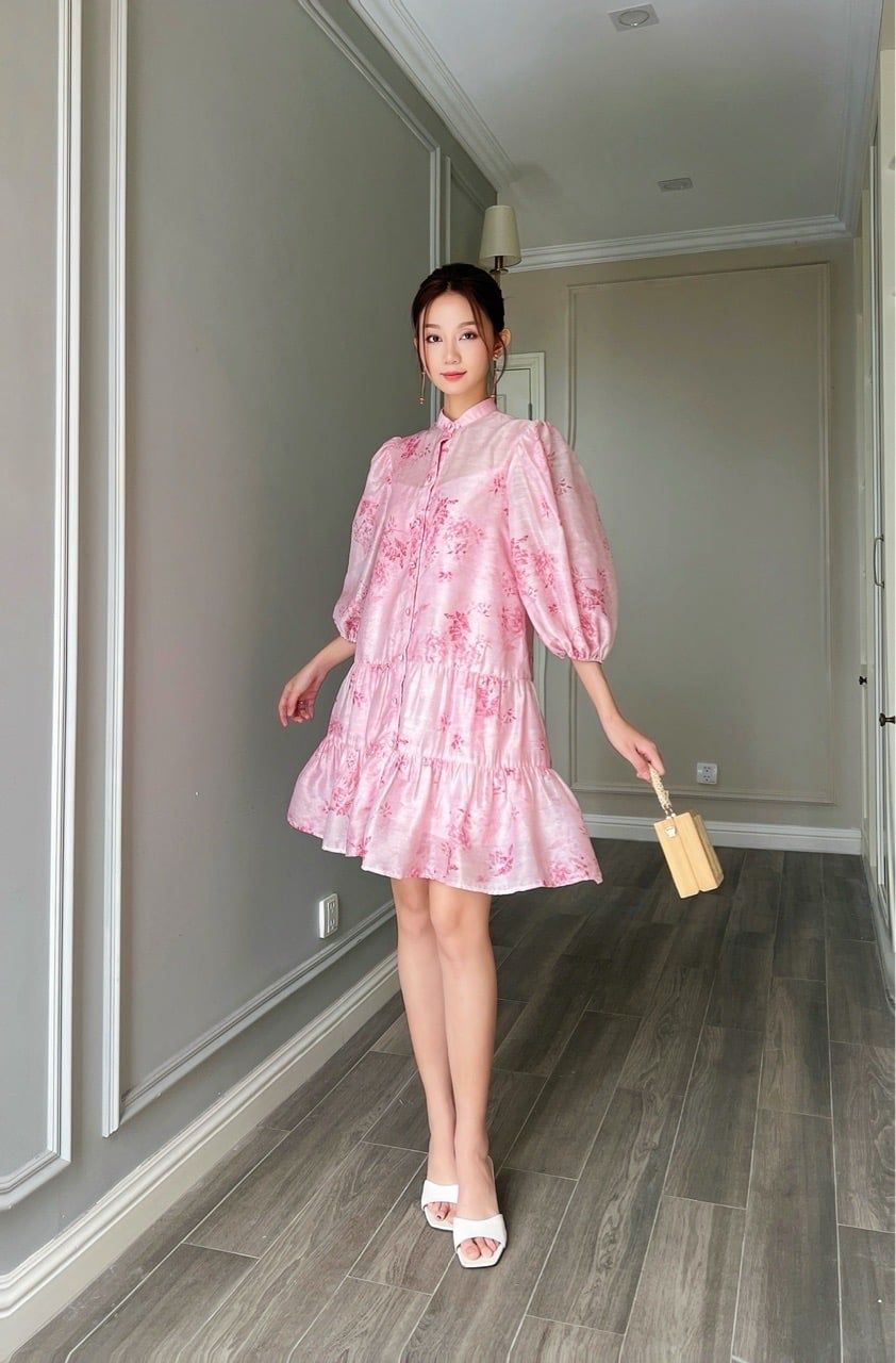  (MỚI) Đầm sơmi tay phồng nhíu Hoa hồng nhỏ 