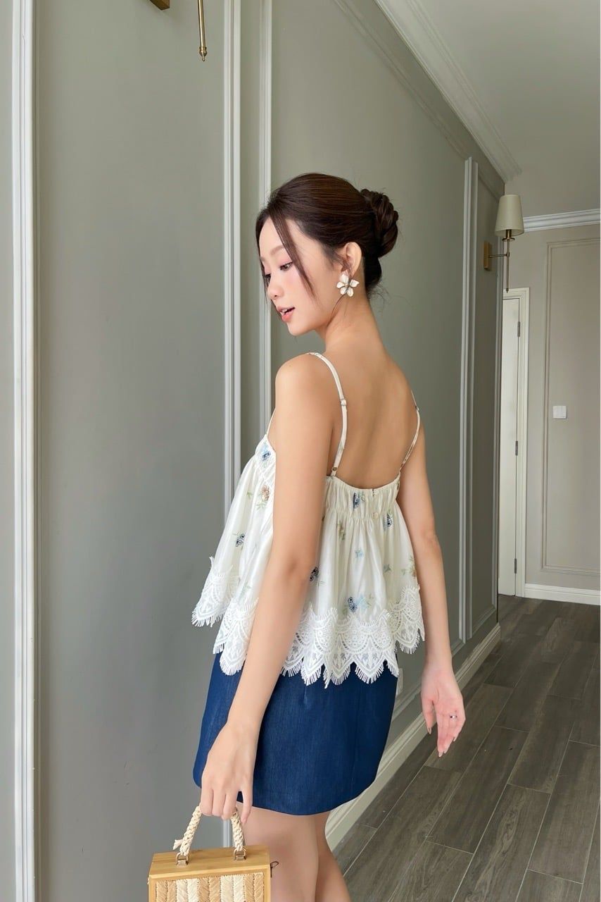  (MỚI) Áo 2 dây tơ thêu hoa kem phối đăng 