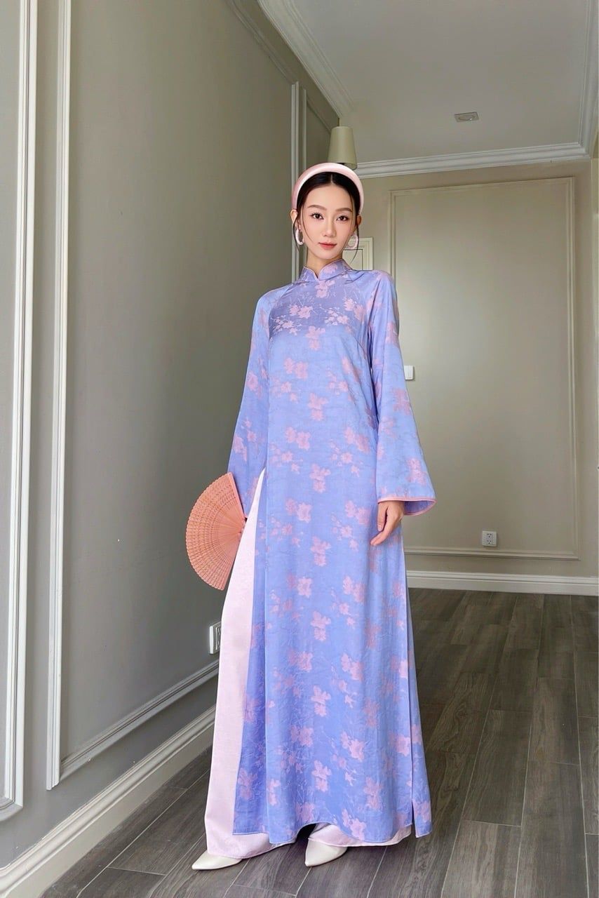  Quần áo dài lụa vân mây hồng 
