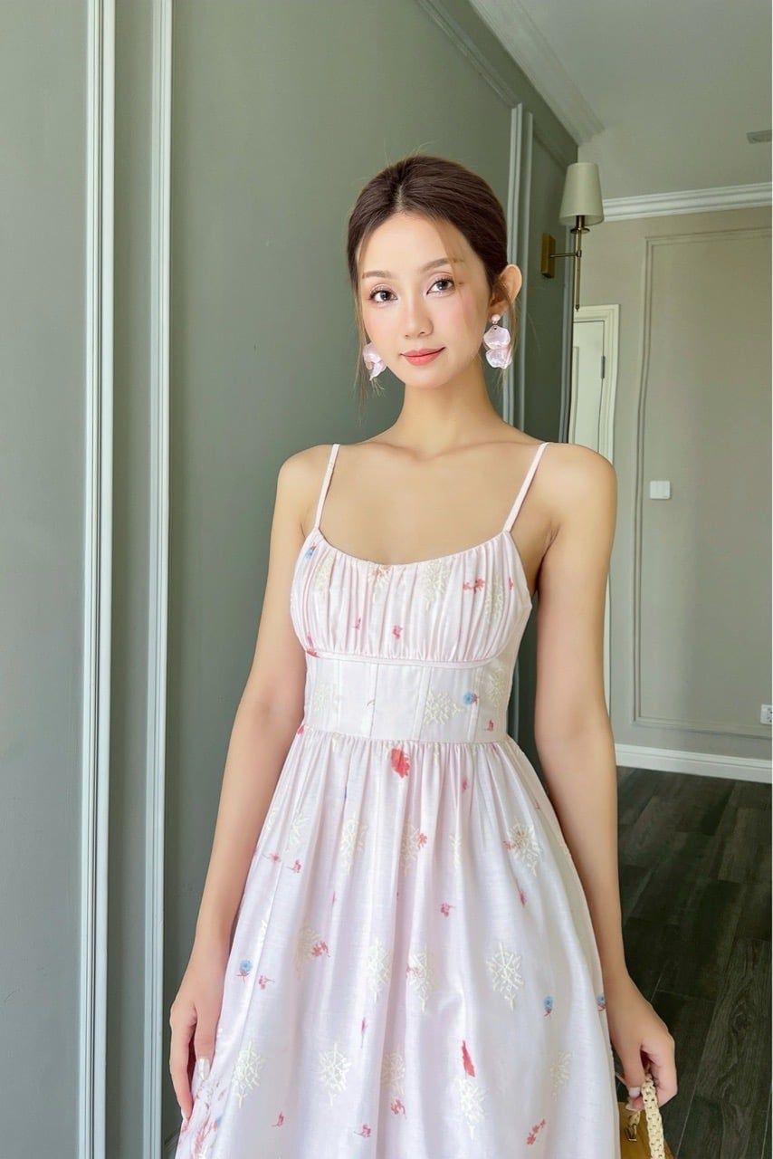  (MỚI) Đầm 2 dây maxi corset phối nhíu thêu Hoa chân hồng 
