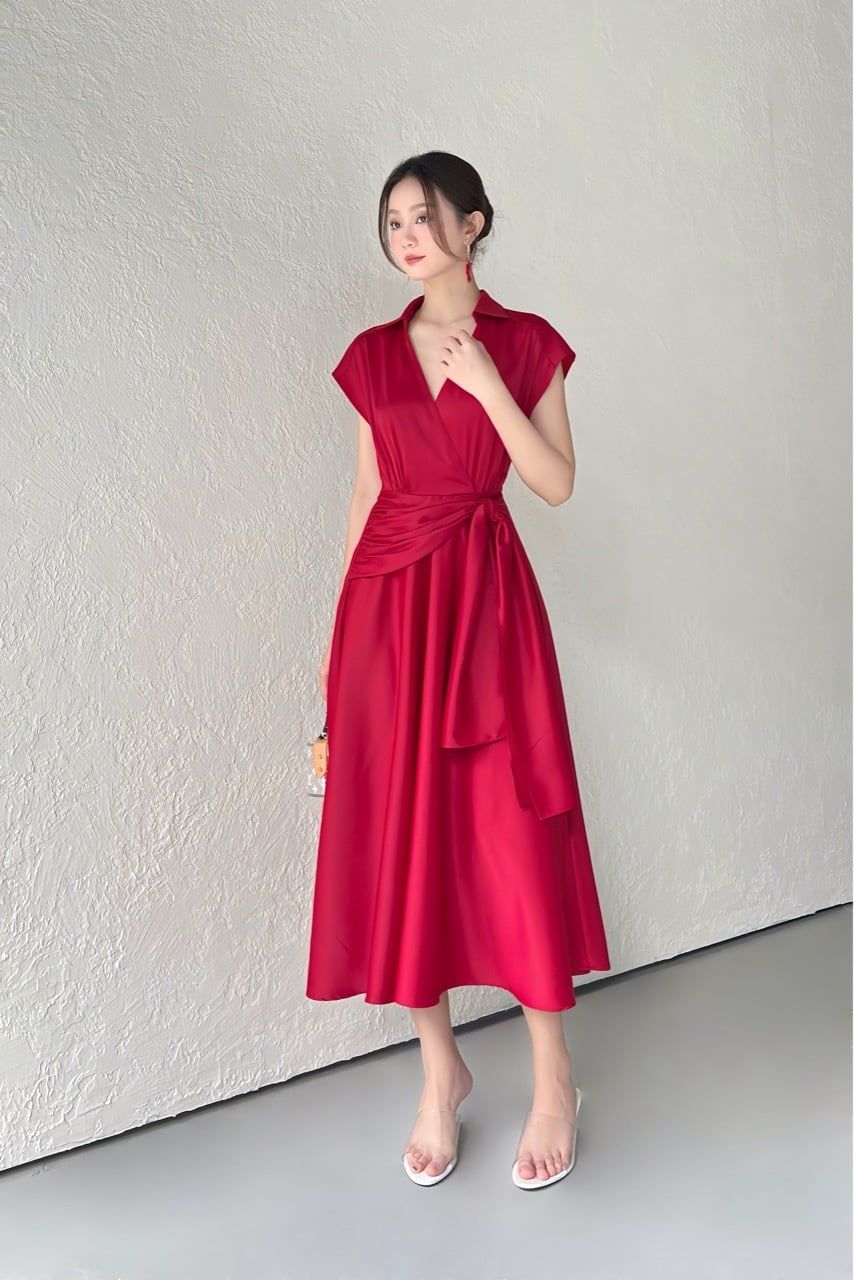  (NEW) Đầm sơmi wrap xoè Đỏ đô 