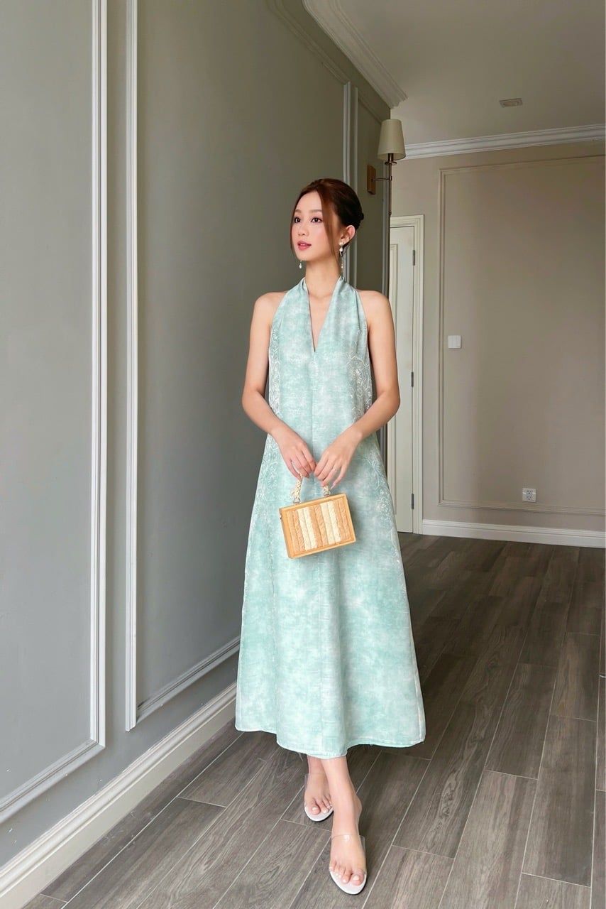  (MỚI) Đầm yếm chít li vai Mint loang 