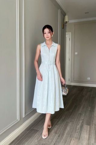  (MỚI) Đầm sơmi xếp ly phối dây kéo khoá Xanh nhạt 