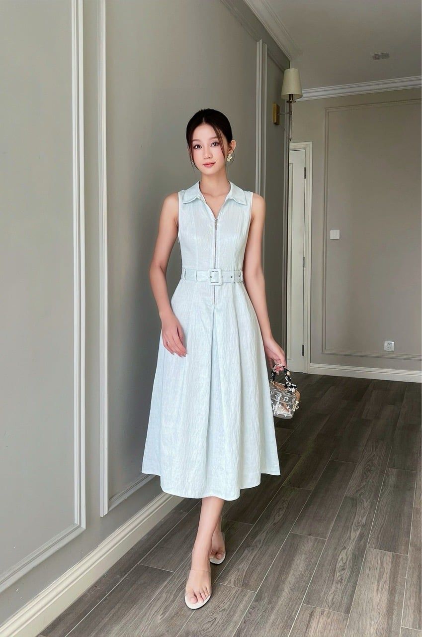  (MỚI) Đầm sơmi xếp ly phối dây kéo khoá Xanh nhạt 
