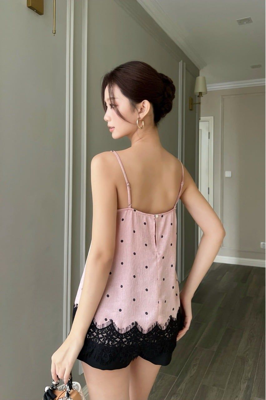  (MỚI) Áo 2 dây chấm bi phối ren Hồng 