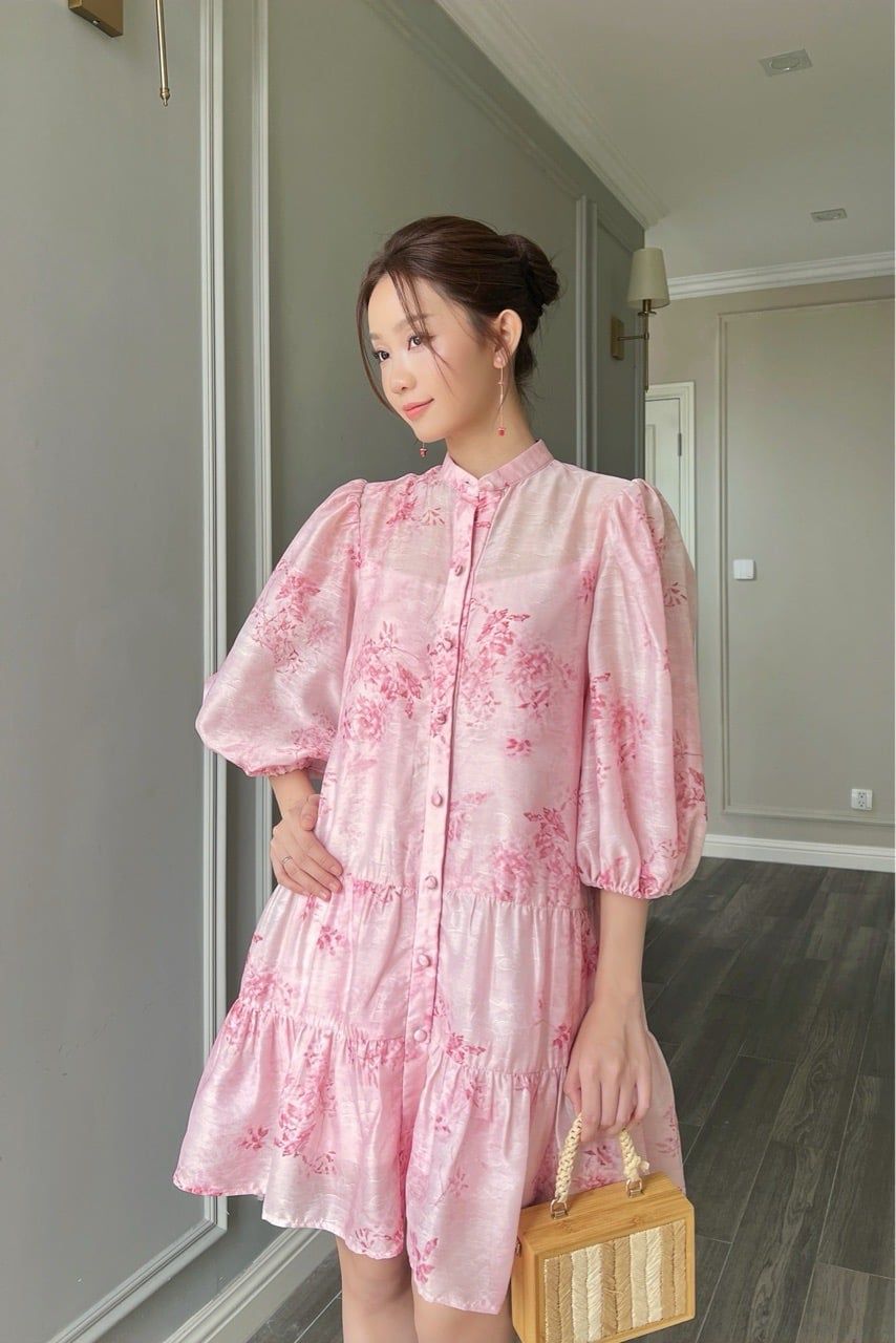  (MỚI) Đầm sơmi tay phồng nhíu Hoa hồng nhỏ 