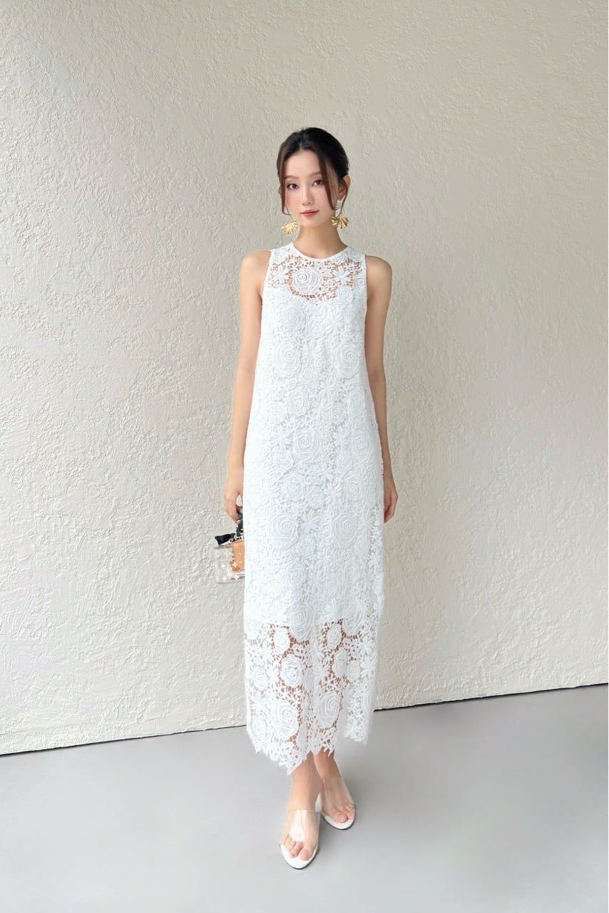  (NEW) Đầm midi xẻ sau ren Trắng 